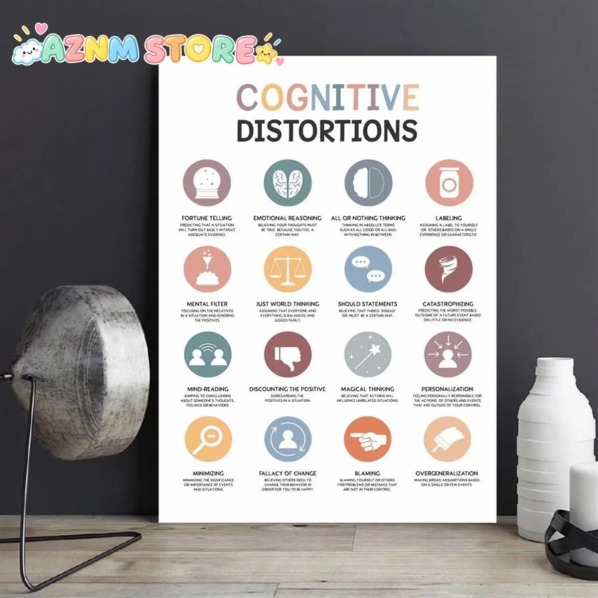 2D Flat 2027   Colorful Canvas Artwork Featuring Illustrations of Cognitive Distortions, Thinking Errors, And Cognitive Biase