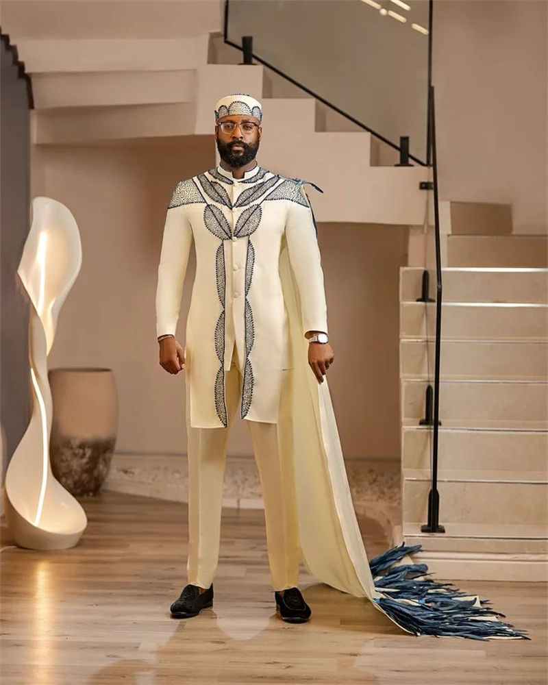 

Feather Wrap Men Suits Set 2 Pcs Cape Blazer+Pants Trousers Crystals Wedding Tuxedo Formal Office Business Groom Jacket Coat