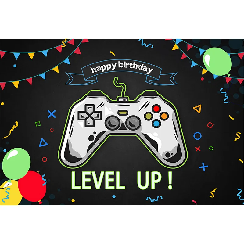 Happy Birthday Background Gaming On Level Up  Video Game Boy Party Decor Balloon Photography Backdrop Photo Studio Photoshoot