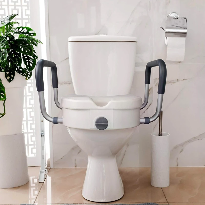Adjustable Height Raised Toilet Seat with Safety Handrails, Mobility Aid Bathroom Safety Equipment for Rehabilitation Care