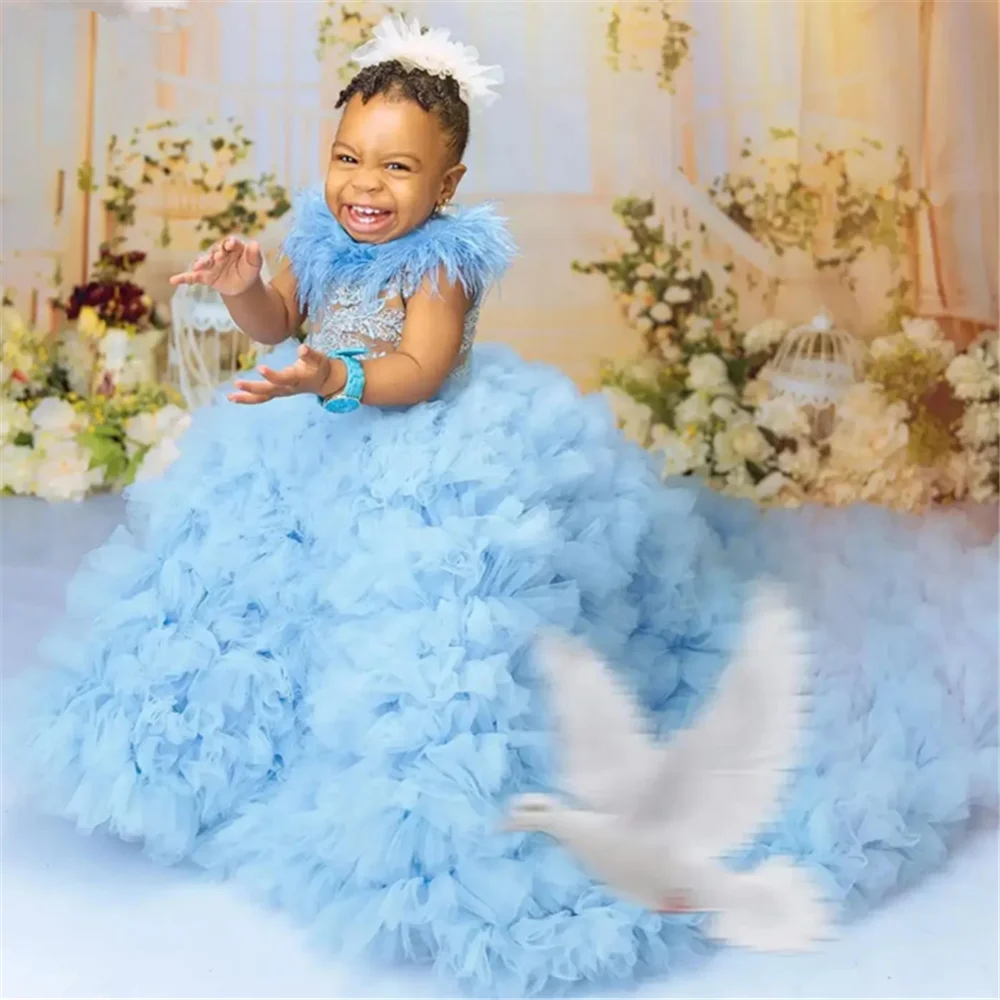 Hellhimmelblaues Luxus-Blumenmädchenkleid mit Federn und Stehkragen, Baby-Ballkleid, Erstkommunionkleid für Kinder, Geburtstagskleid