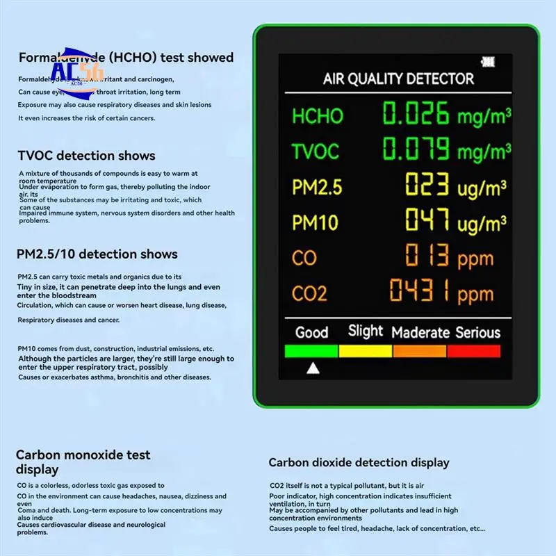 AC56-Calidad del aire 6 en 1 HCHO TVOC CO2 CO PM10 PM2.5 Medidor de gases que detecta inteligente