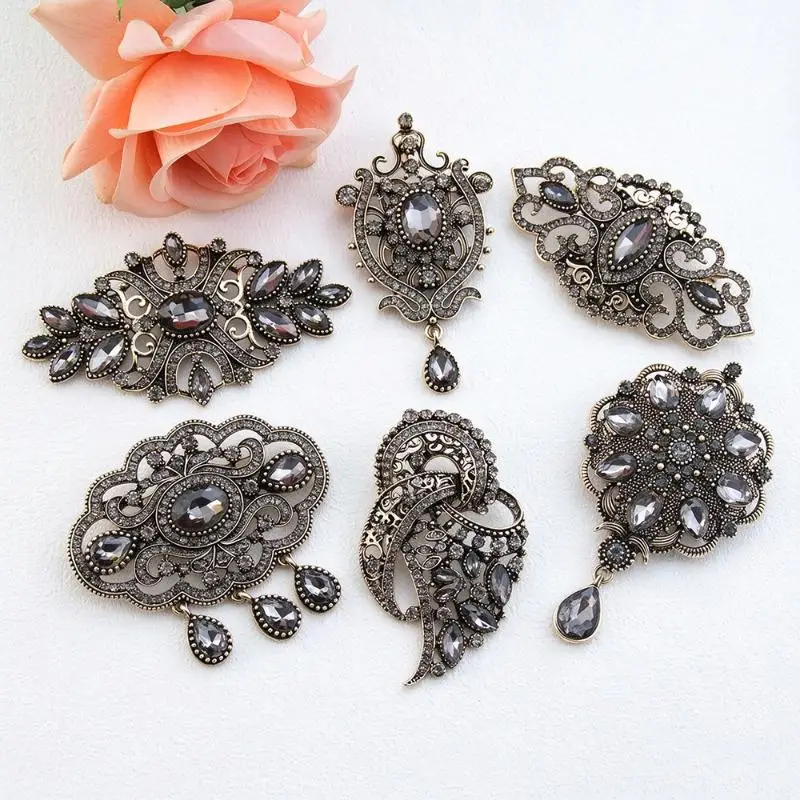 Vintage Gray Crystal Turkish Hijab Pin Elegant Brooch for Women Lapel Bridal Wedding Anniversary Gift Accessory