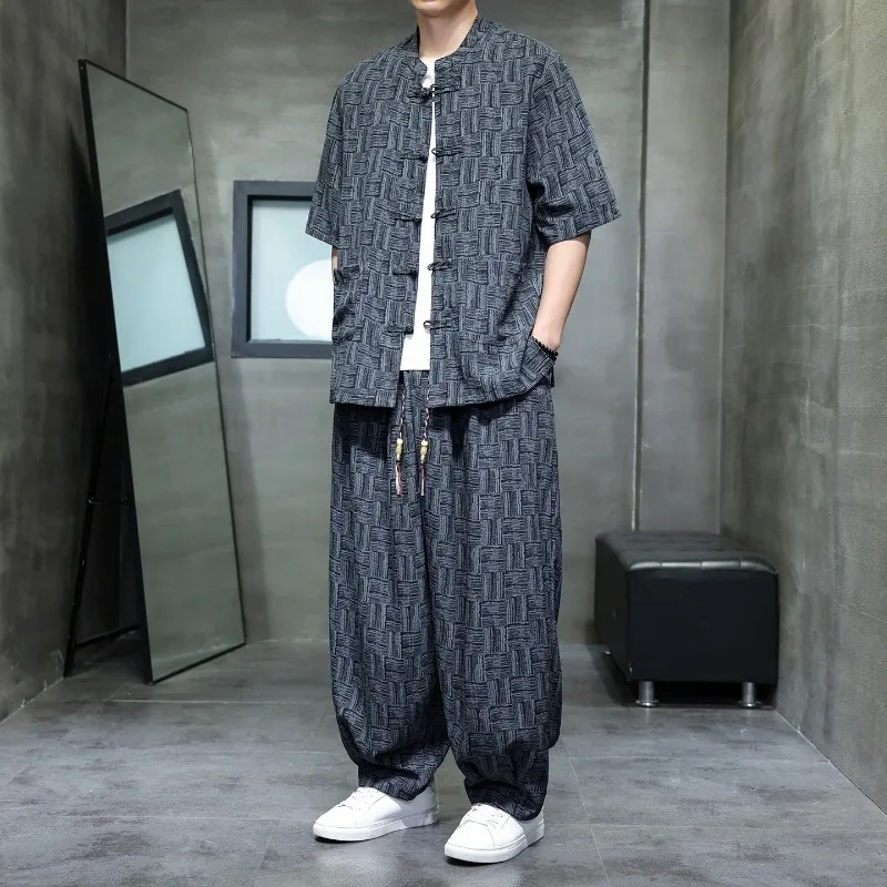 

Men's Chinese Style 2-Piece Set Linen-Like Checkered Shirt and Loose Pants Plus Size Casual Outfit with Frog Buttons