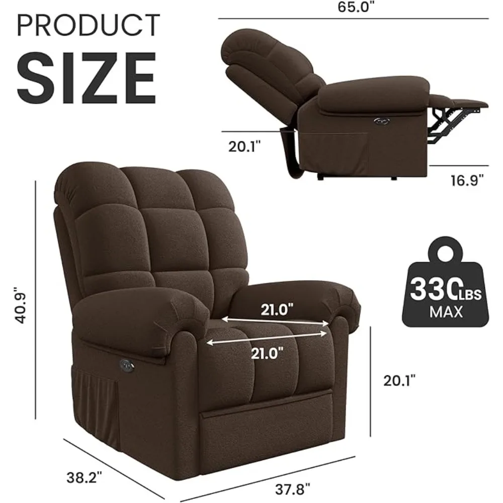 Adjustable Electric Chair Power Reclining Sofa, USB Port, Ultra-Comfy Teddy Fleece Recliner , Tool-Less Assembly Single Sofa