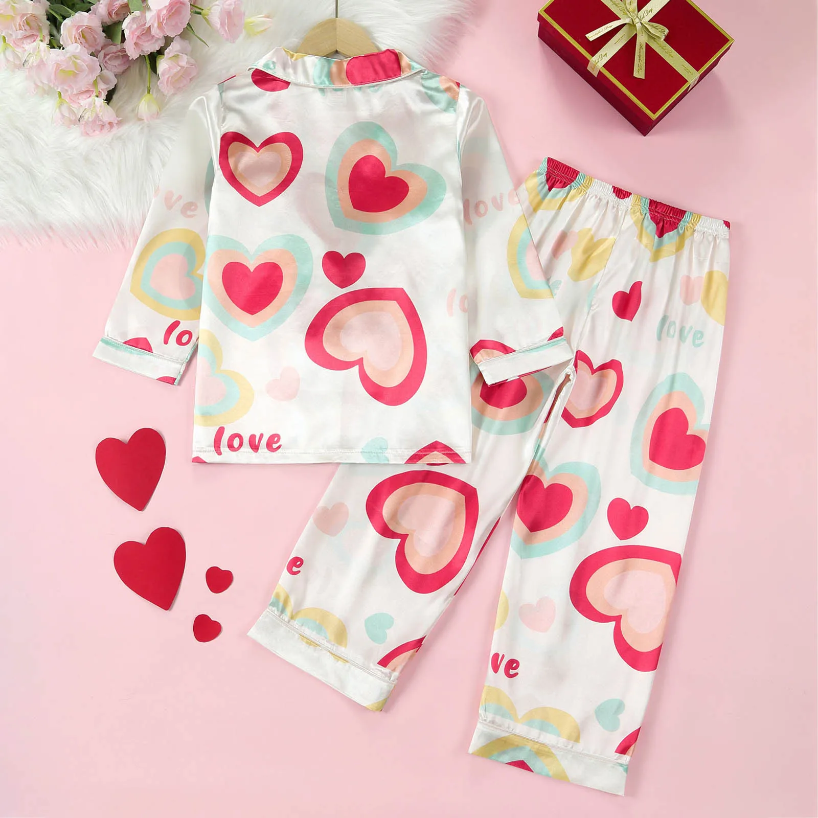 1-6Years Kids Baby Girl Pajamas Valentine’s Day Sleepwear Cute Heart Print Long Sleeve Tops and Pants 2Pieces Loungewear Outfits