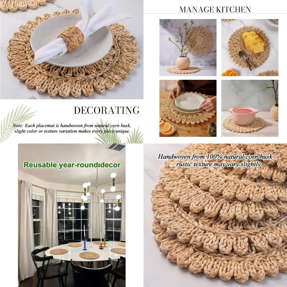 

12 Pack 13.8 Bohemian Rattan Round Placemats | Natural Woven Farmhouse Table Mats | Spring-Inspired Hyacinth, Seagrass Chargers