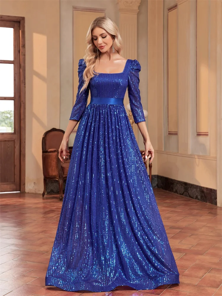 Lucyilove 2024 Luxury Blue Long sleeve Sequin Evening Dresses Women Backless Wedding Party Maxi Dress Prom Cocktail Gowns Dress