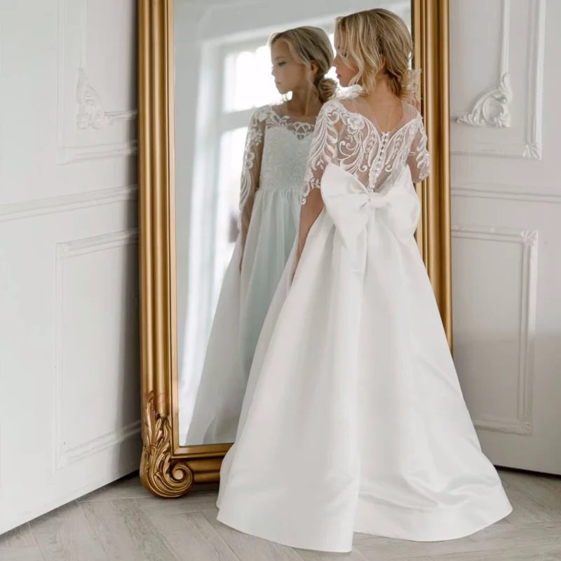 Robes de demoiselle d'honneur blanches en satin, appliques à motifs blancs avec nœud, manches longues pour mariage, fête d'anniversaire, première communion, quoi que ce soit