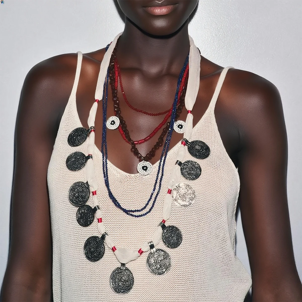 

2025 New ZAA Handmade Beaded Round Metal Coin Medallion Charm Necklaces for Women Boho Multilayer Neck Jewelry Gifts