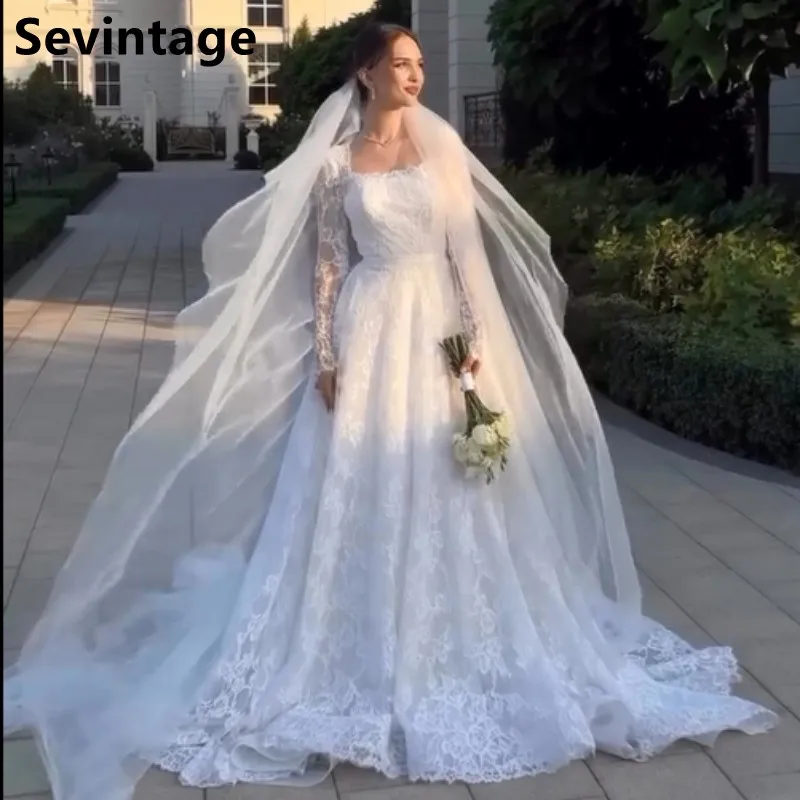 Sevintage 2025 Luxury Full Lace A Line Long Sleeve Square Neck Wedding Dress Customized Bridal Gowns Robe de mariée