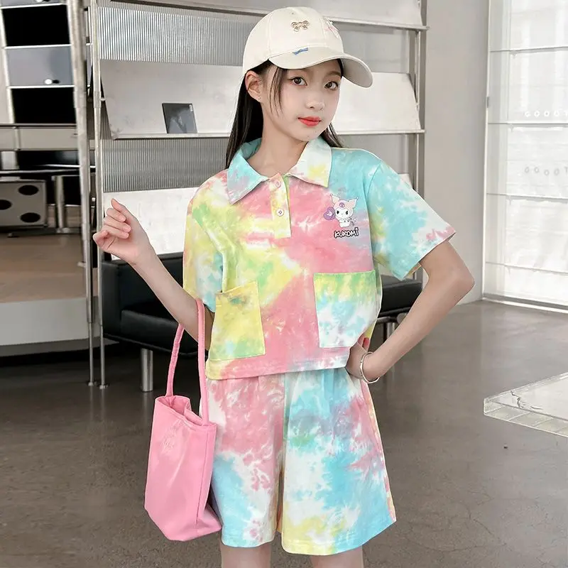 

2024 Sanrio Kuromi Polo Short-Sleeved Pants Kawaii Anime Tops Summer Cartoon Children Fashion Coloured Clothes Gift for Kids