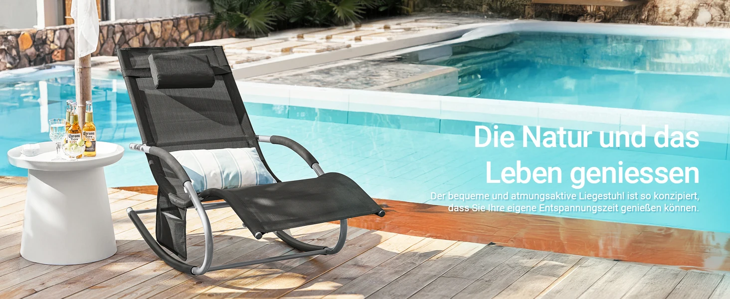 SoBuy OGS28 Sonnenliege Gartenliege wetterfest Liegestuhl Schaukelstuhl mit Kopfkissen Outdoor Terrasse Balkon Camping bis 150kg – Detail 5