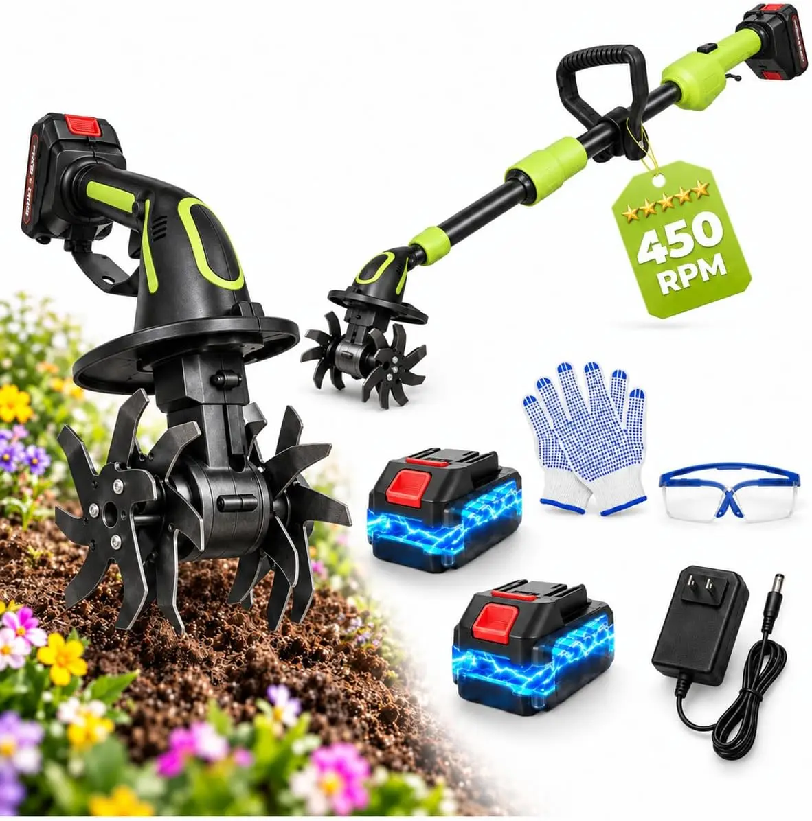 2-in-1 21V Cordless Mini Garden Tiller & Cultivator, 450RPM Electric Handheld Rototiller with 3.0Ah (2×1.5Ah) Batteries, 4
