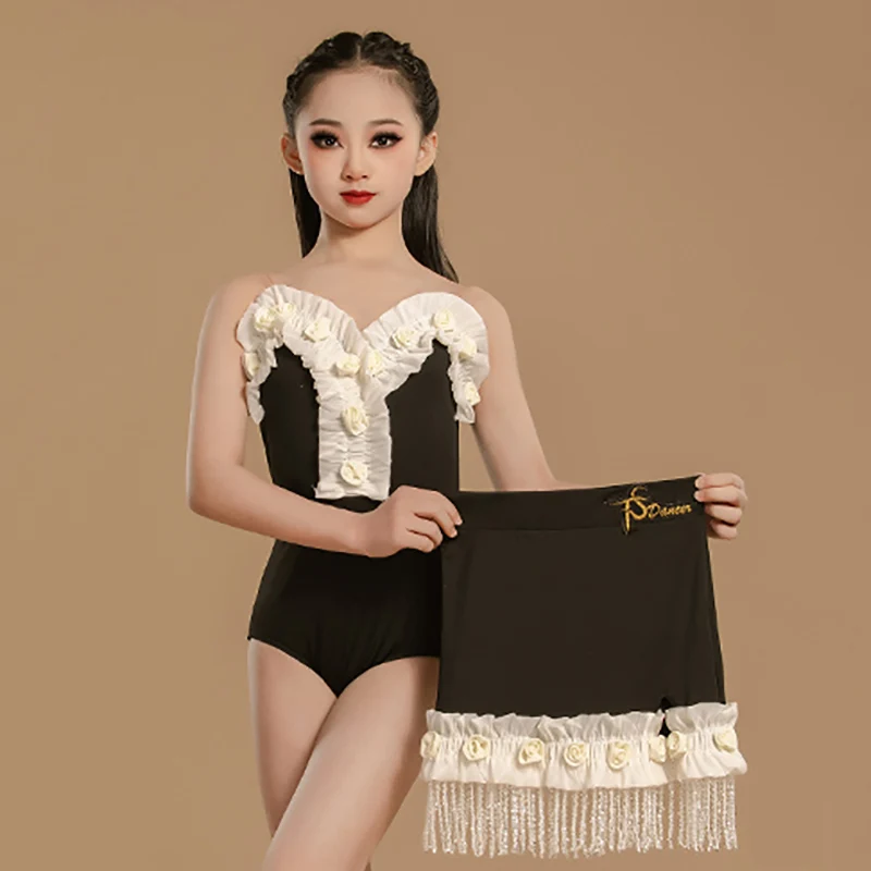 

Kids Girls Latin Dance Costume Performance Dancewear Sleeveless Backless Flower Bodysuit and Tassels Skirts Ballroom Dresses
