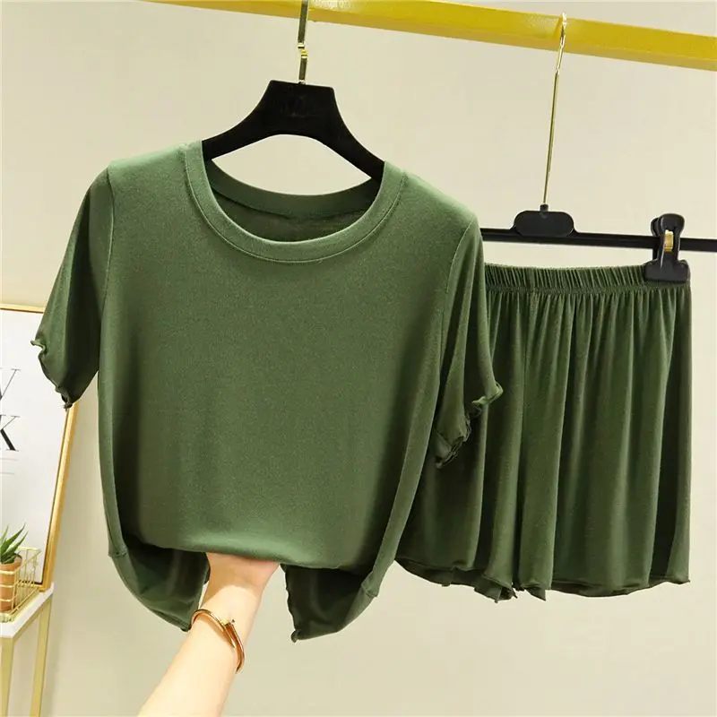

Fashion O-Neck Solid Color Elastic High Waist Short Sets Female Clothing 2025 Summer New Loose Casual Short Sleeve Matching Sets