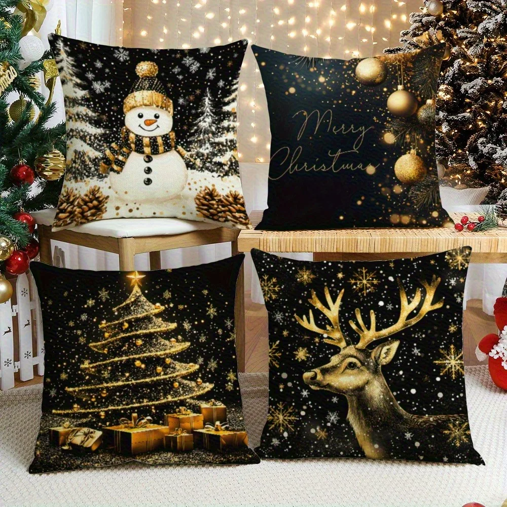 Funda de almohada con elemento navideño de oro negro, funda de almohada festiva para decoración del hogar