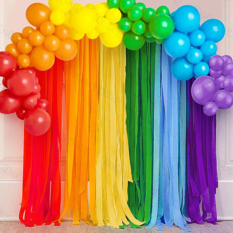 1 zestaw tęczowy łuk balonowy tęczowe balony urodzinowe tło imprezowe papier krepowy tło imprezowe kurtyna dekoracje na przyjęcie urodzinowe