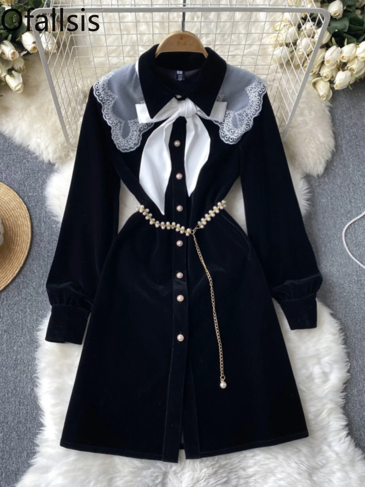 Ofallsis Bow Lace Navy Collar French Single Breasted Velvet Dress 2024 Autumn New A line Princess Black Dresses Female Vestidos