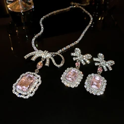 Pink Crystal Zircon Jewelry Set Women Fashion Square Bow Pendant Necklace Drop Earrings Light Luxury Party Wedding Jewelry