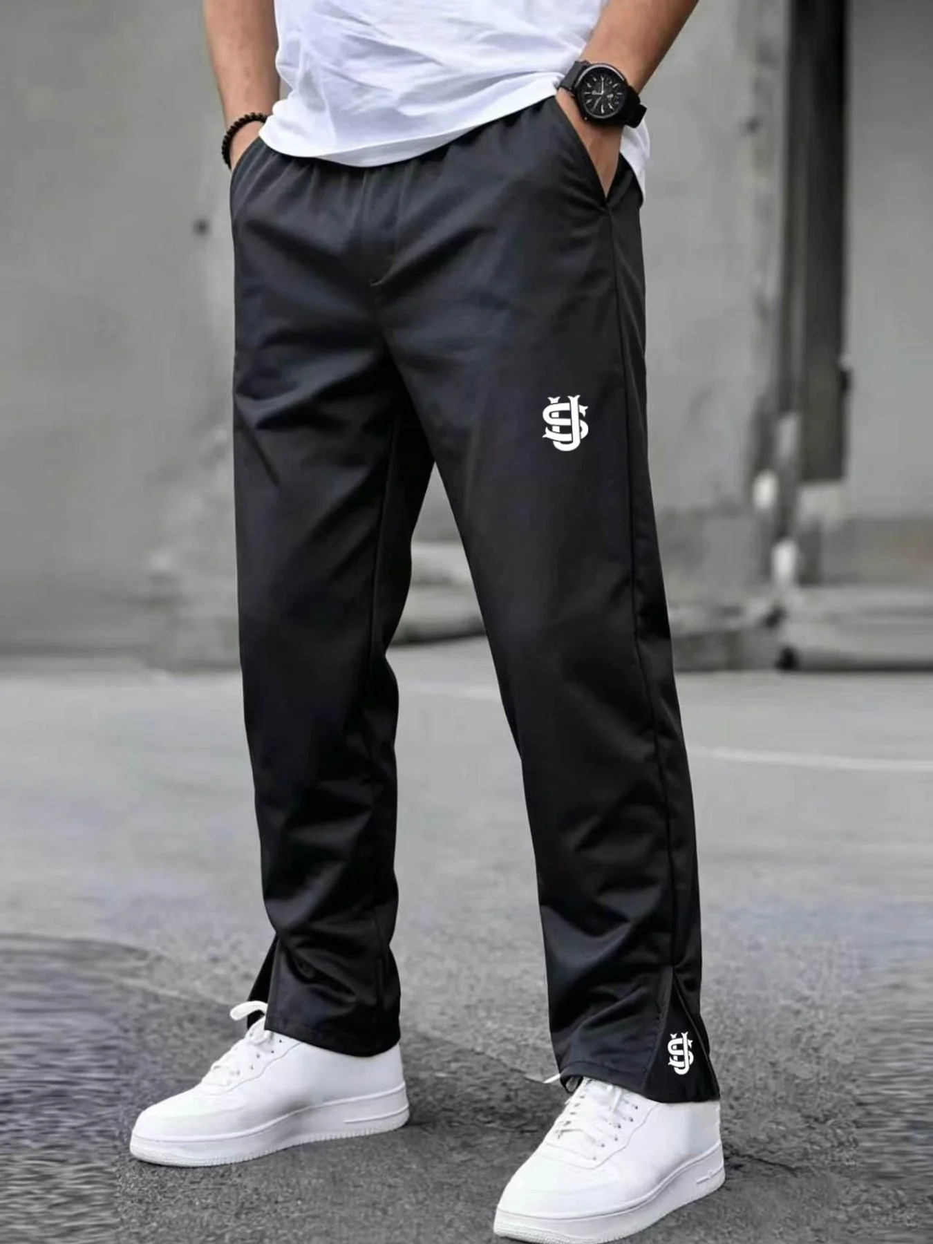 Men's Casual Sporty Zipper Embroidered Pants, Loose-Fit Straight Leg Long Trousers, Outdoor Activity Wear, Fall & Winter