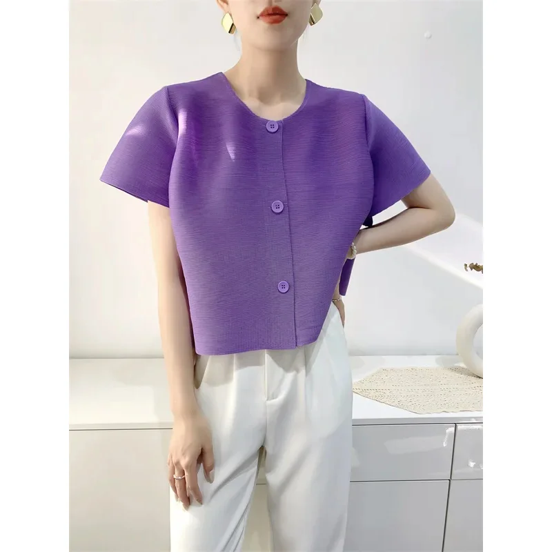 Miyake Top Women\'s Pleated T-shirt Short Jump Shirt 2024 Summer New Solid Color Single-Breasted Comfort and Casual Cardigan