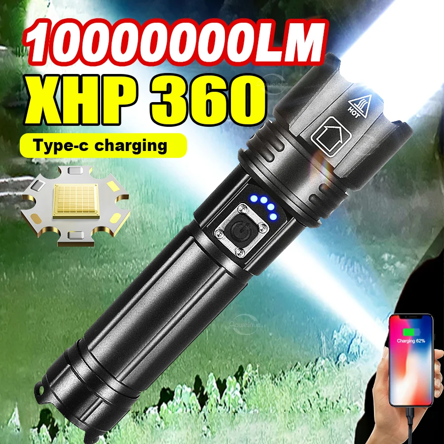 

10000000LM XHP360 Супер мощные светодиодные фонарики USB перезаряжаемый фонарь 5 режимов зум сильный свет тактический фонарик фонарь