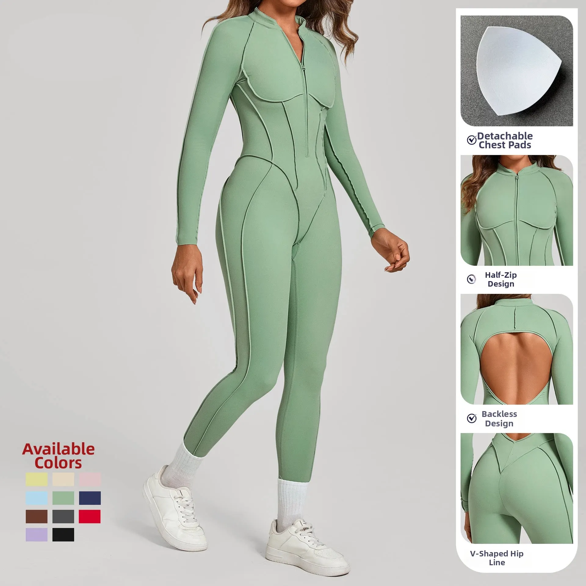 Women Spliced Half‑Zip Long Sleeve Yoga Jumpsuit Backless Tight One Piece Bodysuit For Fitness Gym Workout Sports