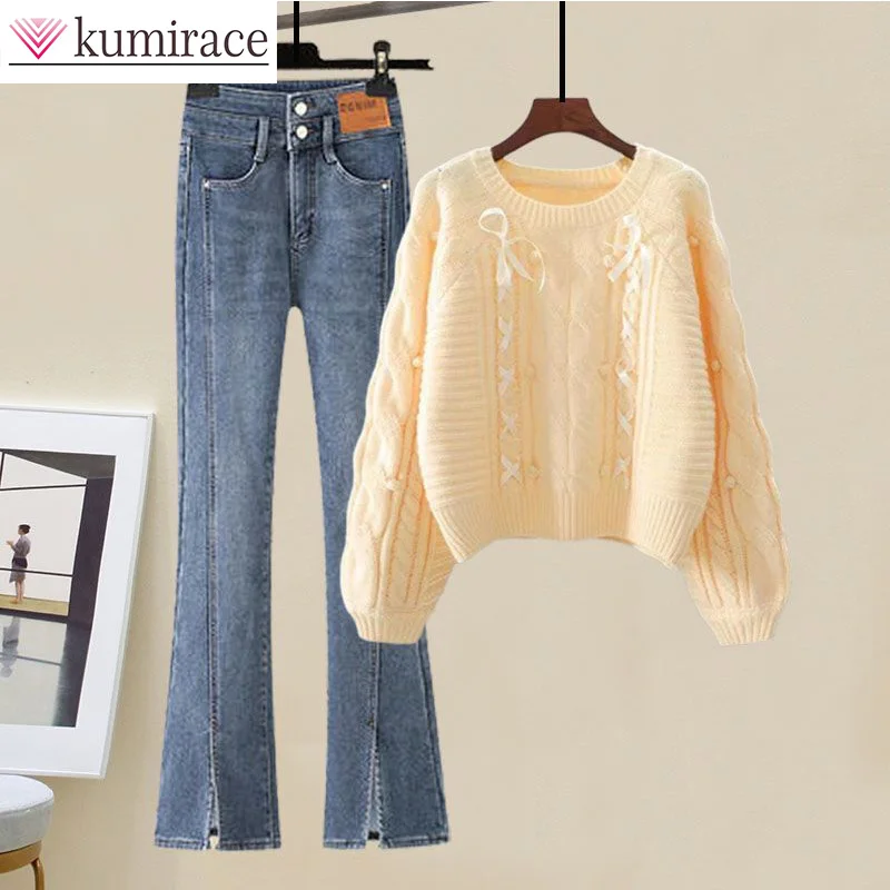 

Winter Set Women's 2023 Korean Edition New Style Knitted Sweater Jeans Street Blast Two Piece Set Winter Clothes Women Pant Sets