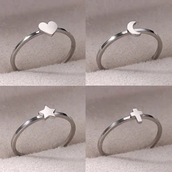Stainless Steel Cross Heart Rings for Women Open Adjustable Crescent Moon Stars Ring Aesthetic Wedding Trend Waterproof Jewelry