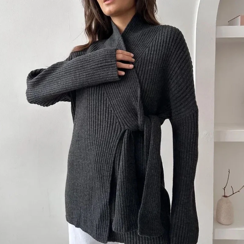 كبيرة الحجم عارضة سترة البلوزات المرأة أنيقة الأبيض محبوك معطف قمم خمر طويلة الأكمام الخامس الرقبة سترة سترة مع حزام #3