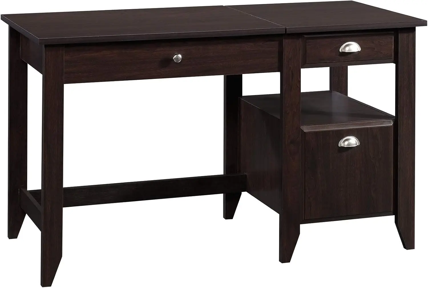 Shoal Creek Lift Top Desk, Jamocha Wood finish Two drawers; lower drawer with full extension slides holds letter-size hanging