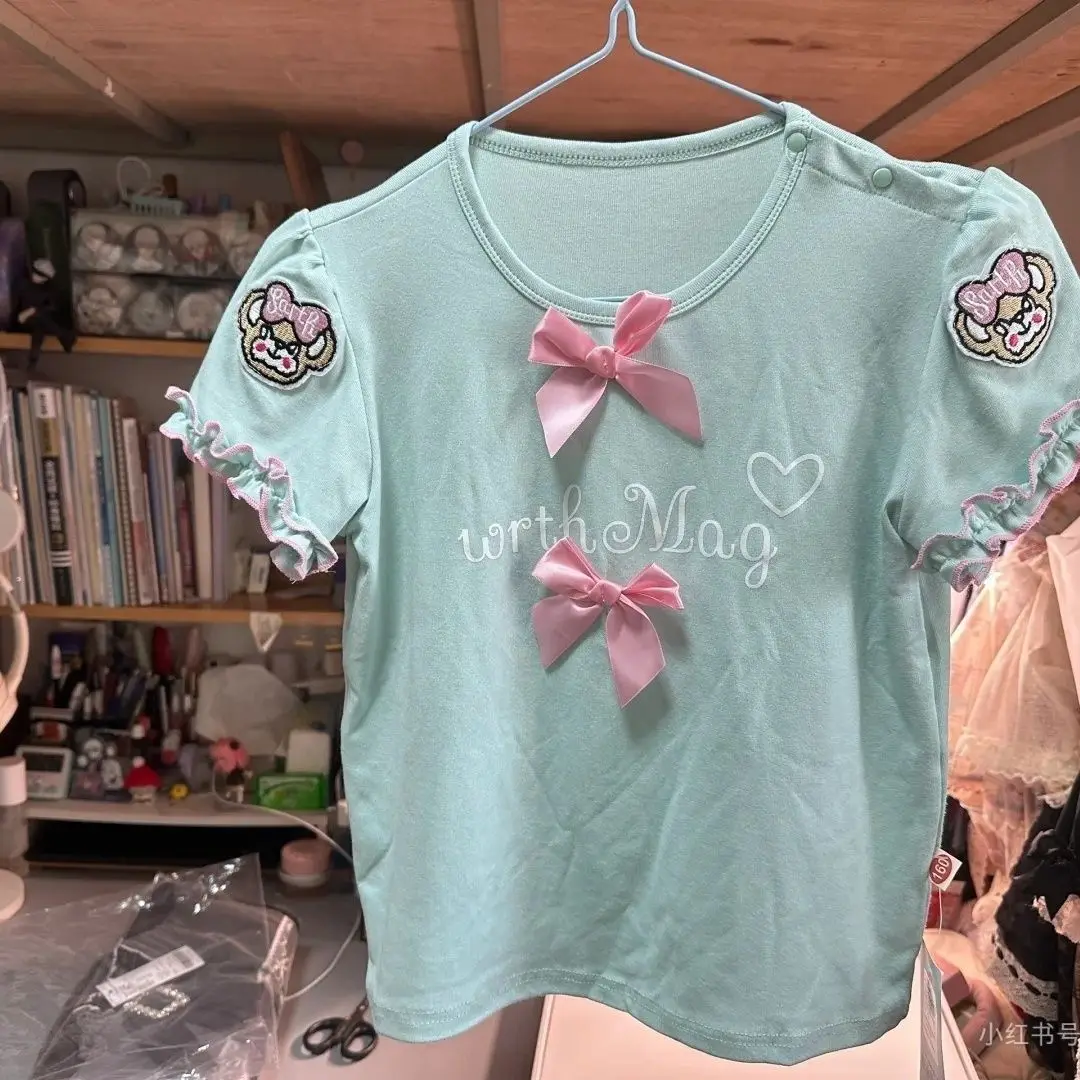 Summer New Cartoon Bear Embroidery Bow Short-sleeved T-shirt + Lace Ruffle Suspenders Shorts 2 Piece Sets Womens Outfits
