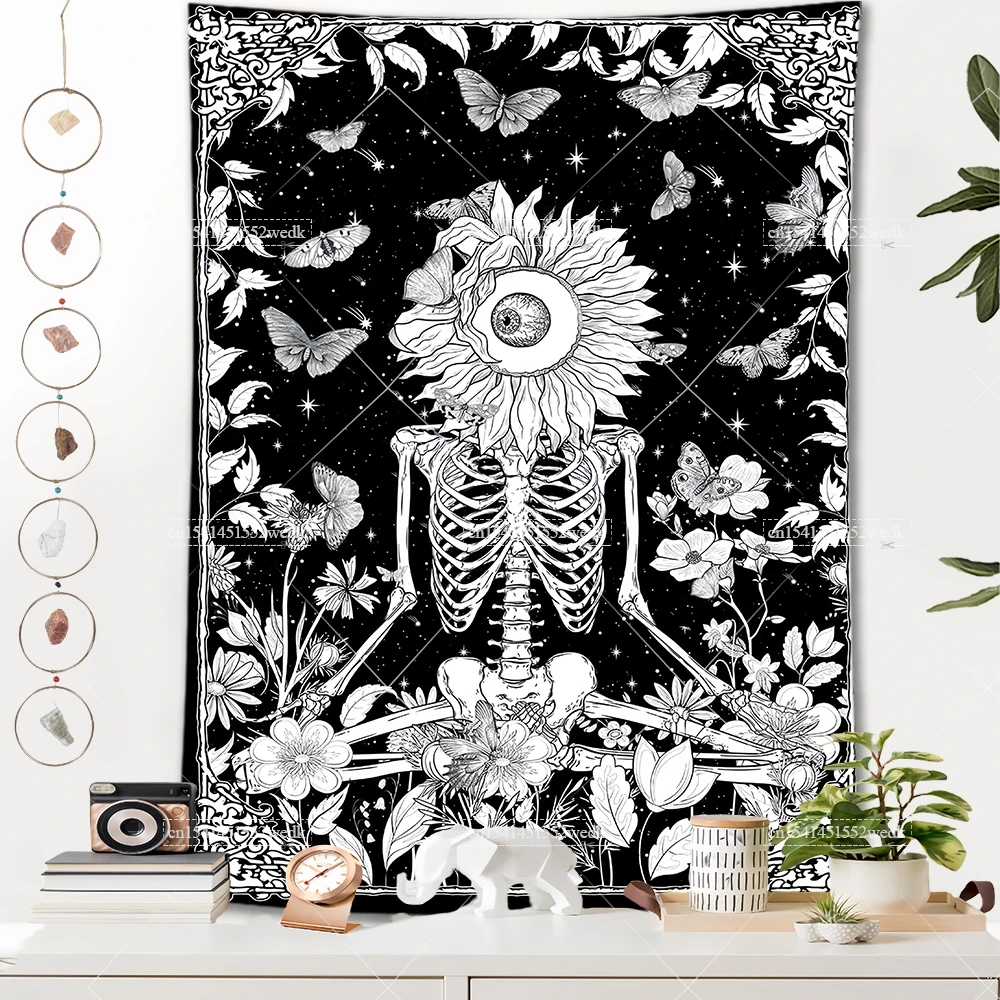 Celestial Skull Lovers Tapestry Floral Skeleton Tapestries Wall Hanging Tarot Tapestry Yoga Meditation Home Decoration Aesthetic