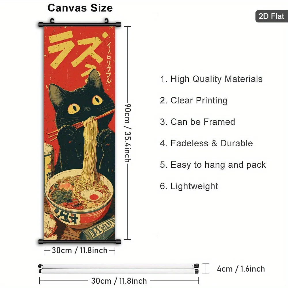 VIKAMA Cat Eating Ramen Canvas Wall Art Japanese Anime Poster for Kitchen Living Room Bedroom with Hook Cute Wall Art