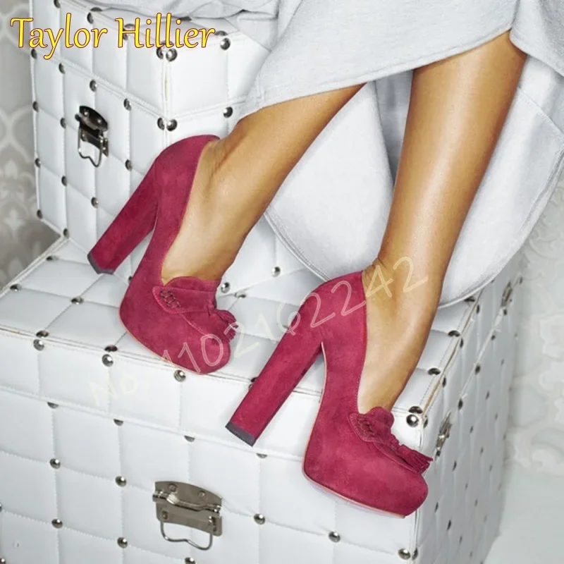 

Red Suede Women'S Platform Shoes Tassel Thick Heel Round Head Pumps Elegant Nightclub Party Dress High Heels Pumps Autumn 46
