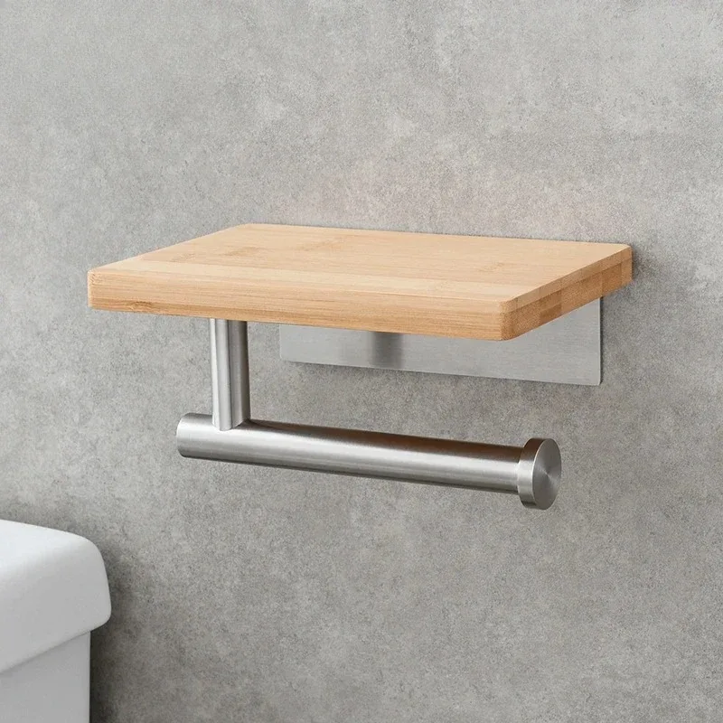 Everbright Store No-drill Stainless Steel Paper Roll Holder, Solid Wood Storage Wall-mounted Tissue Holder  Bathroom and Toilet