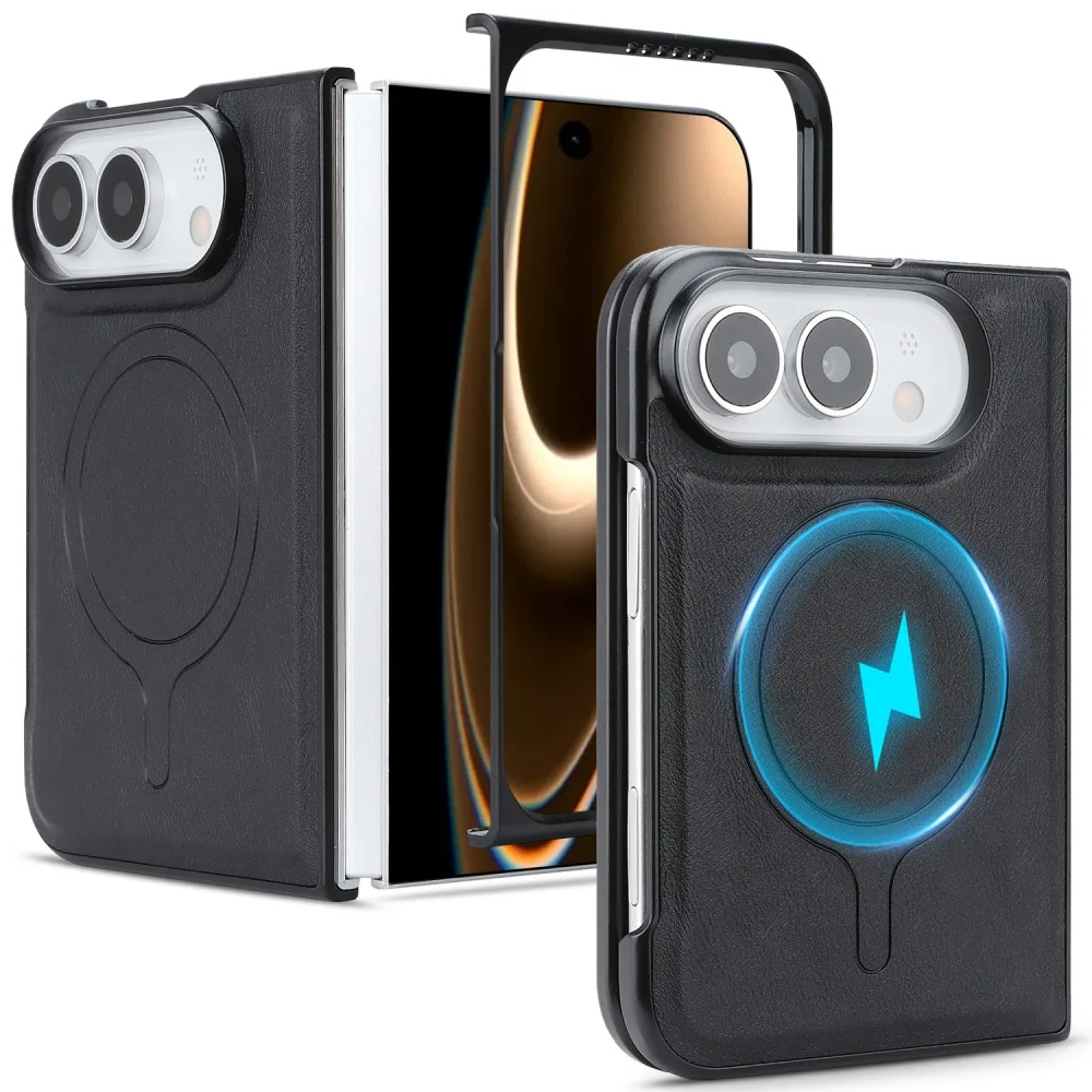 Classic Solid Color Leather Flip Phone Cover for iPhone Duo with Back Magnetic Wireless Charging