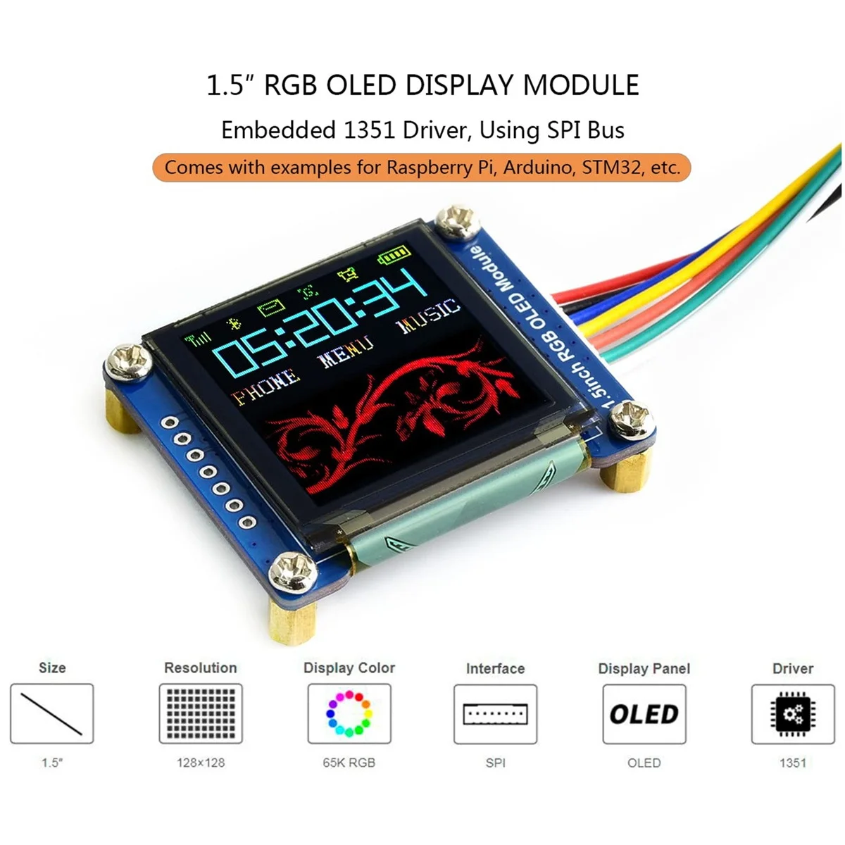 Waveshare 1.5Inch RGB OLED Screen Display Module SSD1351 Driver 128X128 16-Bit High Color Display Supports for Raspberry Pi