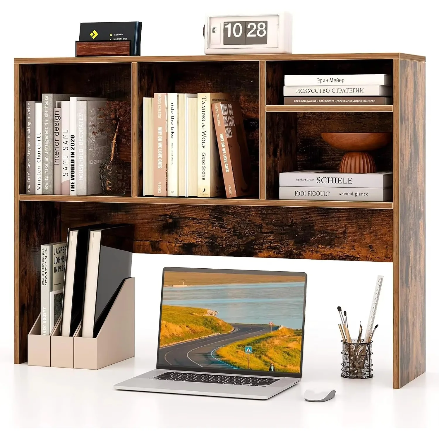 Desktop Bookshelf, Countertop Storage Hutch with 4 Shelves for Computer Desk, Desktop 2-Tier Display Rack, Multipurpose