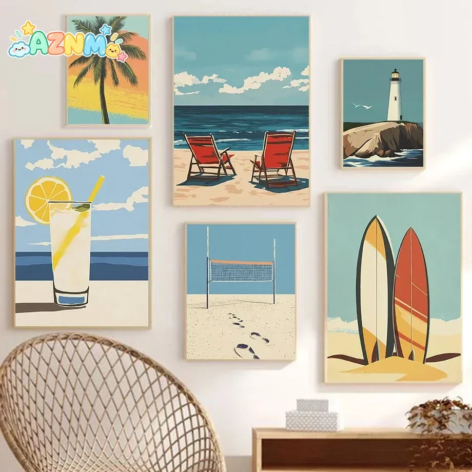 Minimalist Summer Beach Lighthouse Seagull Ocean Palm Tree Posters Print Canvas Painting Hammock Sunset Wall Art Home Room De
