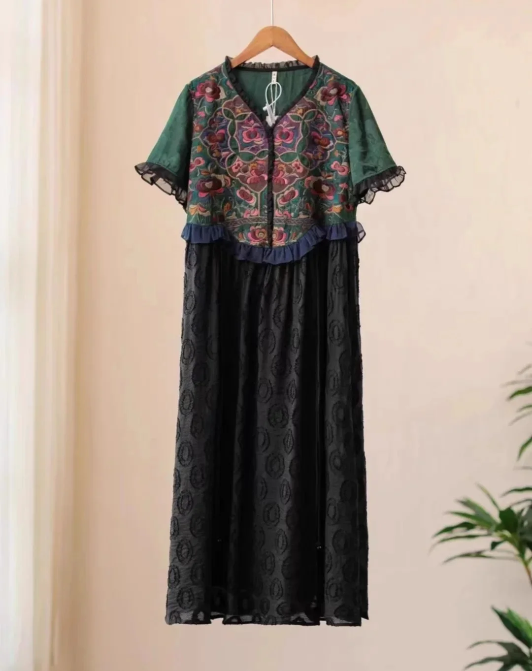 Chinese style women dresses Green black patchwork jacquard dresses embroidered short sleeved Vintage ladies clothes on sales