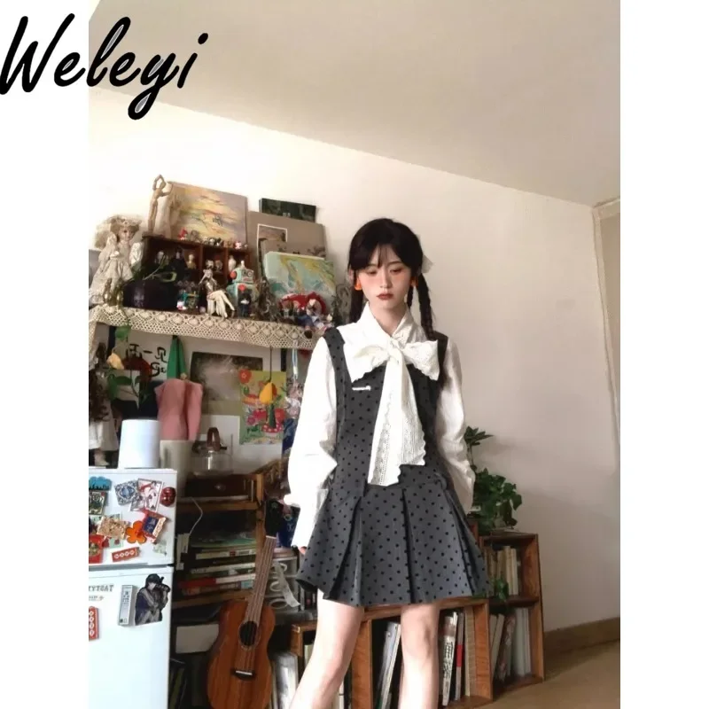 Spring Autumn Girly Cute Outfits for Women Gray Polka Dot Mid-length Strap Dress Women Student French White Shirt Two Peice Sets