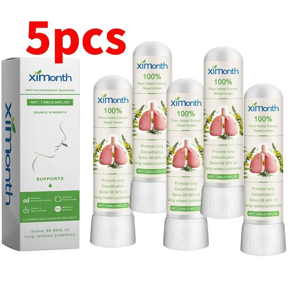 5pcs Pure Herbal Extract Nose Inhaler Cylinde Refresh Brain Anti Fatigue Tube Cure Stuffy Runny Nose Nasal Inhaler