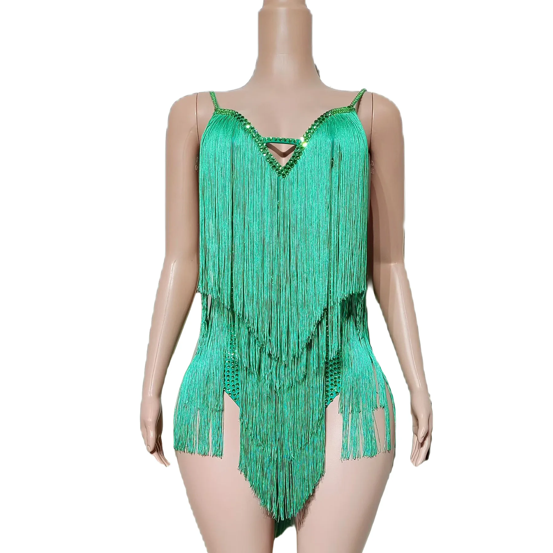 

Qingguan Women Green Rhinestone Spaghetti Strap Fringe Bodysuit Hollow V Neck Layered Tassel Dance Performance Costume