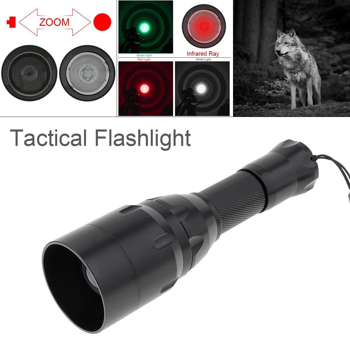 C16 Zoomable Adjustable 1500 Lumens XPE Red Green White Infrared Light 850nm LED Range Radiation Tactical Flashlight