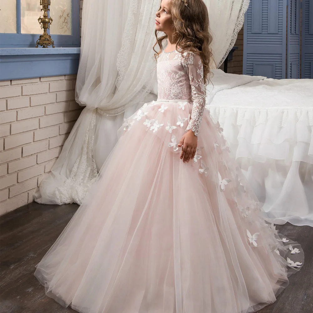 

ROSEINTHEBOX Flower Girl Dress for Wedding Princess Ball Gown Long Floor Length Tulle Lace appliques Butterfly decoration
