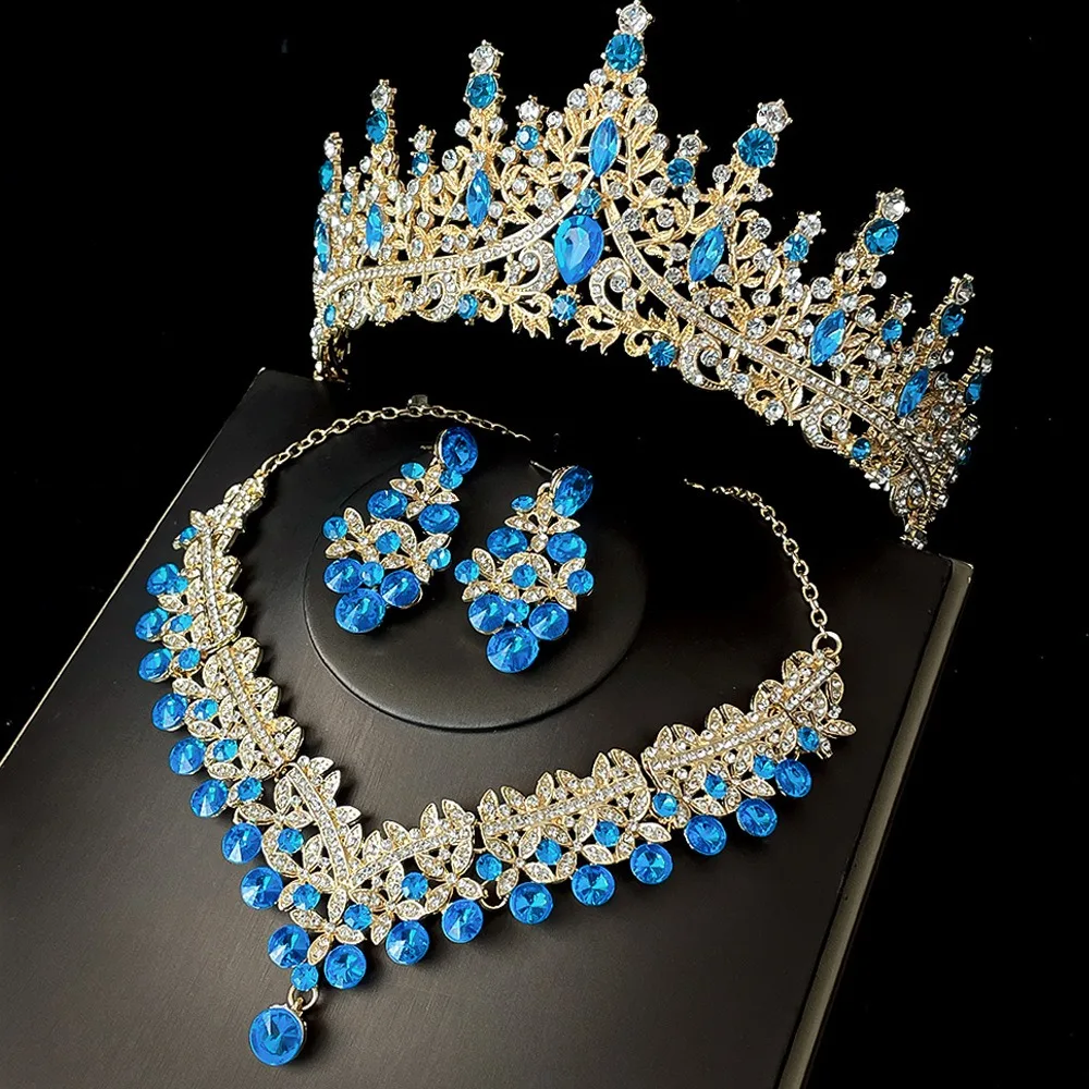 

Fashion Champagne Baroque Wedding Crown Crystal Luxury 3-pack Tiara Earrings Necklace Head-dress Party Birthday Gift