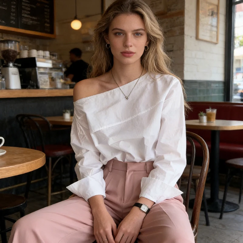 

Женская асимметричная блузка с открытыми плечами, свободного кроя, с длинным рукавом, повседневная, минималистичная, белая рубашка-топ в корейском стиле с асимметричным воротником