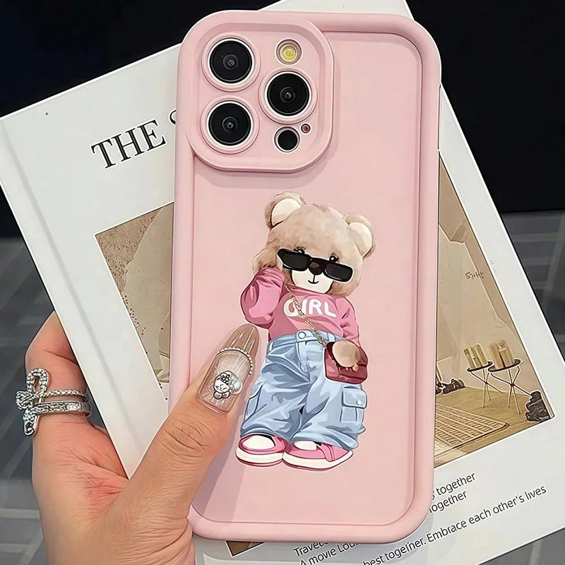 

For iPhone 17 16 15 14 13 12 11 Pro Max Case Cute and Stylish Pink Bear Design Cover For iPhone XS Max XR X 7 8 Plus 16E Fundas